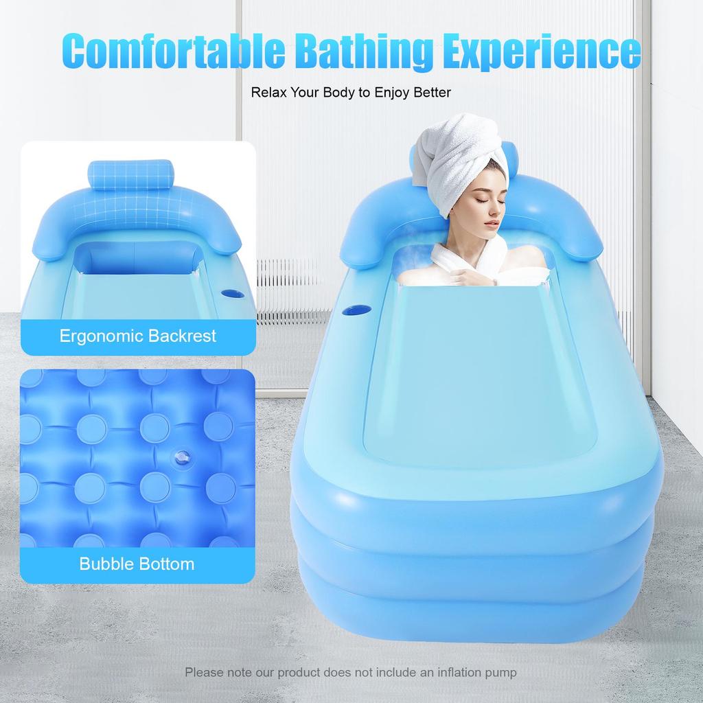 62'' Large Inflatable Bathtub for Adults Portable PVC Hot Tub SPA with Ergonomic Backrest & Drain Plug Foldable Design for Indoor Outdoor