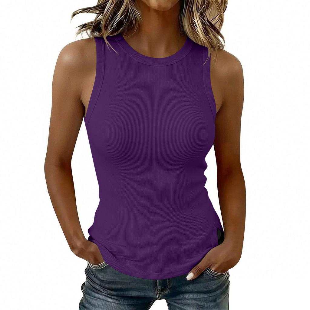 Women Sleeveless Tank Top Slim Fit Ribbed Knit Round Neck Split Hem Casual Summer Shirt