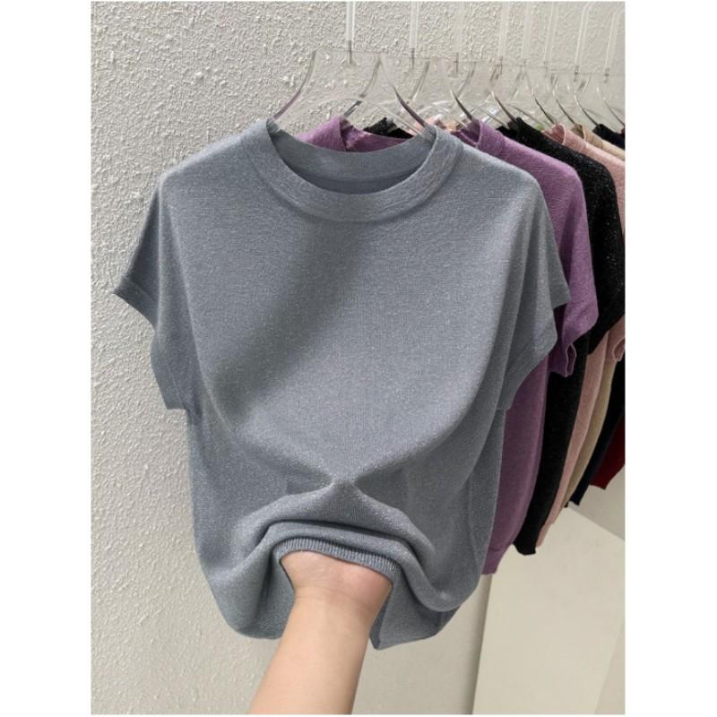 Damen Sommer Rundhals Dünnes Lockeres T-Shirt Einfarbiges Design Stricktops