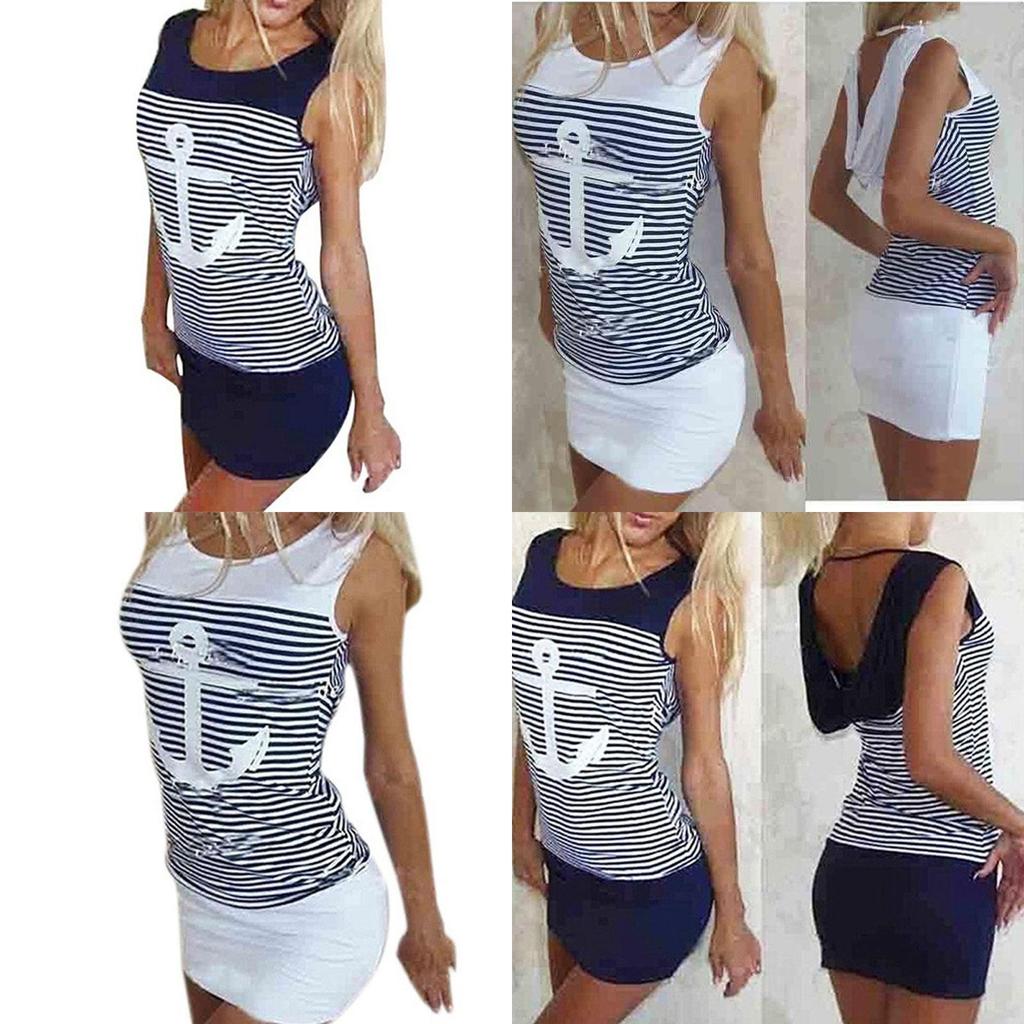 Vest Anchor Stripe Dress Sleeveless Tops Oneck Hooded Sexy Bodycon Mini Dresses