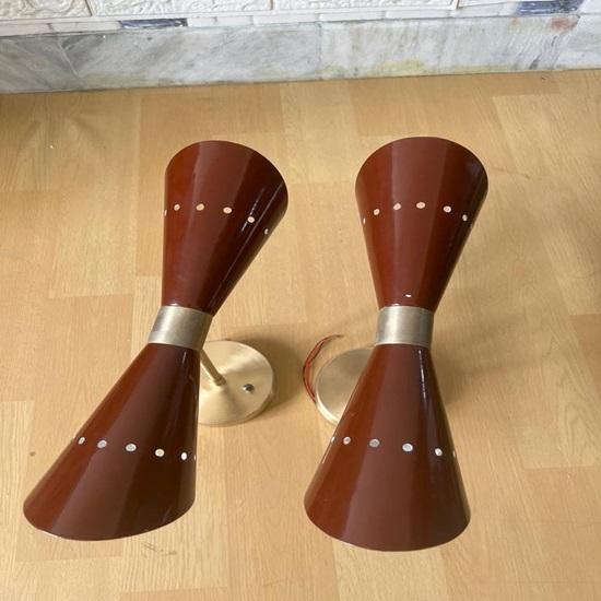 Set of 2 Mid Century Modern Brass Diabolo Wall Sconce Italian Stilnovo Double Cone Sconces Elegant Brass Wall Lamps Bathroom Vanity Light Bedside