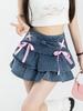 Women's Ruffled Denim Mini Skirt Summer Bandage Bow Blue Shorts Skirt Y2k Clothes Spicy Girl Streetwear