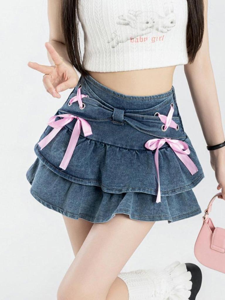 Women's Ruffled Denim Mini Skirt Summer Bandage Bow Blue Shorts Skirt Y2k Clothes Spicy Girl Streetwear