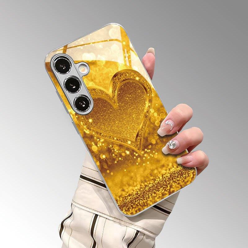 Pozłacany szklany etui na telefon do Samsung Galaxy S26 S25 S24 S23 i S22 Ultra Plus. Błyszczące złote serce.