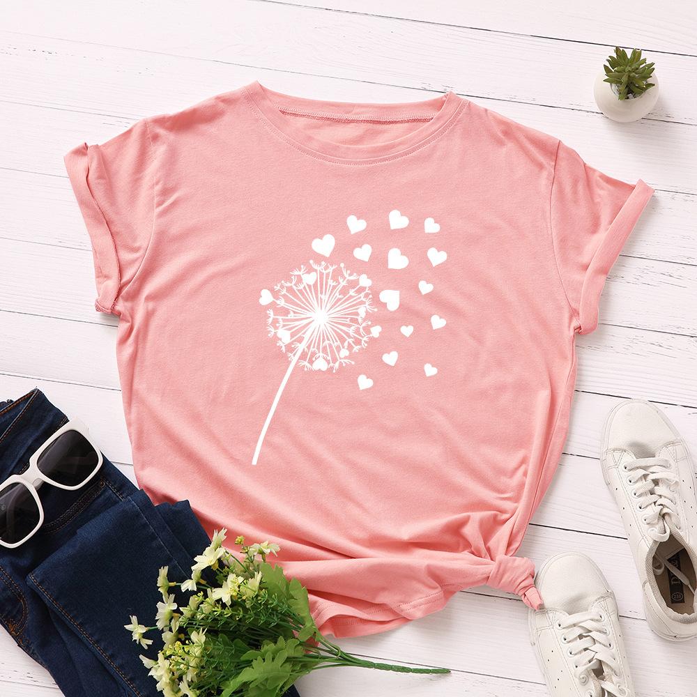 Cotton Loose Round Neck Creative Dandelion Heart-shaped Short Sleeved Women's T-shirts