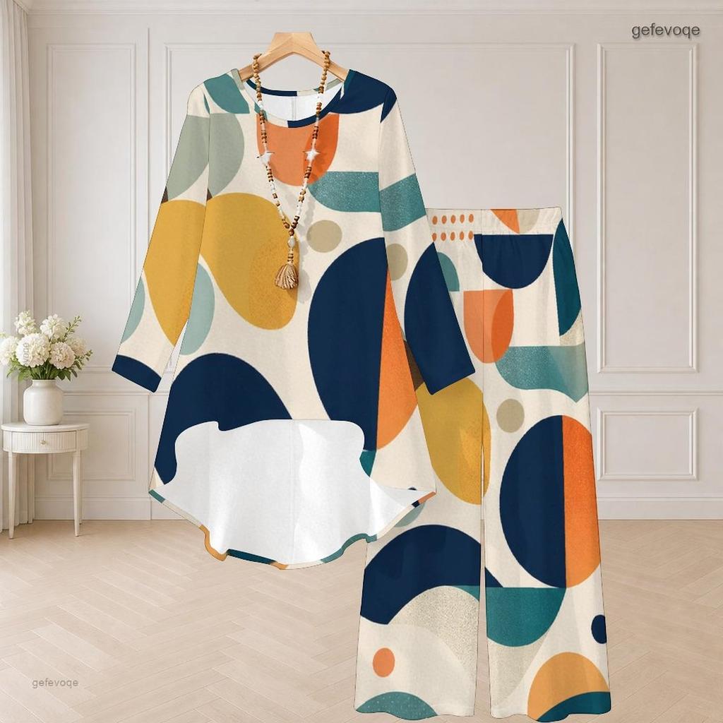 Women Plus Size Round Neck Long Sleeve Printed High Low Top Wide Leg Pants Two Piece Set