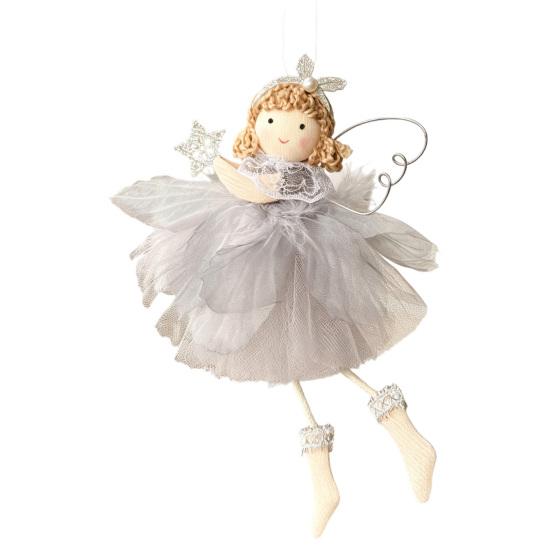 Elegant Christmas Room Furnishings Angel Doll Hanging Ornaments with Lace Mesh And Glitter Wings for Fairy Tale Style Tree Decoration, Fabric Pendant