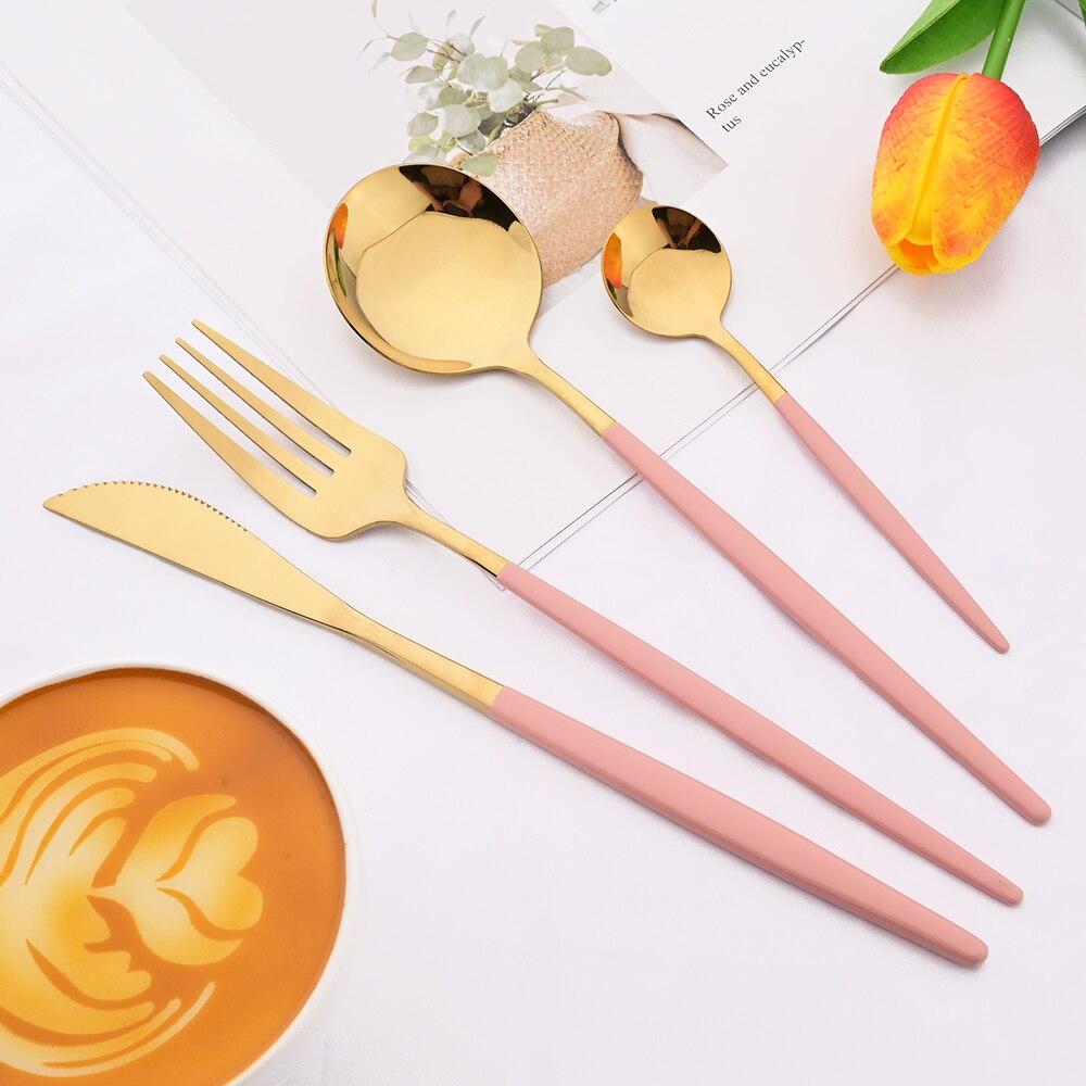 6Set/24Pcs Haze Blue Dinnerware Cutlery Set Western Stainless Steel Gold Tableware Knife Fork Spoon Flatware Kitchen Silverware