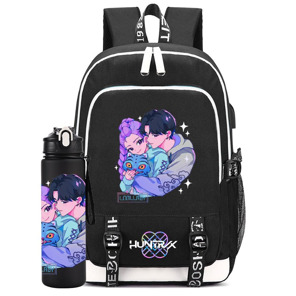 2Pcs/set Cartoon Kpop Backpack Large Capacity Bookbag With 750ml Water Bottler Laptop Student Boy Girl School Bag Waterproof Travel Bag Kid Gift