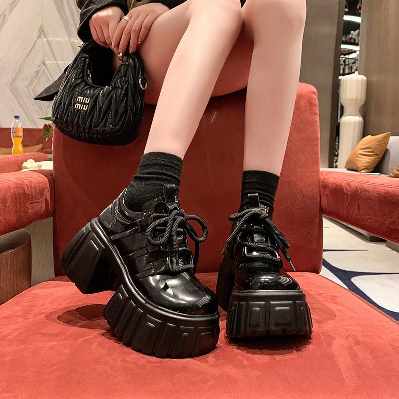 Fashion 8CM Women Mary Jane New Lace Up Loafers Platform Wedge Sneakers Chunky Shoes Women Black Shoes Spring Autumn Walking Sneakers