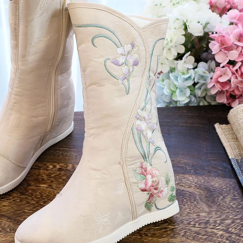 Hanfu Stiefel Damen Innenhöhe Plus Samt Schaft Stickerei Winter Warm Damenstiefel