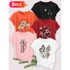Five-piece set Elegant short-sleeved shirt for women Beach sunset print round-neck women's short-sleeve shirt suitable for spring and summer