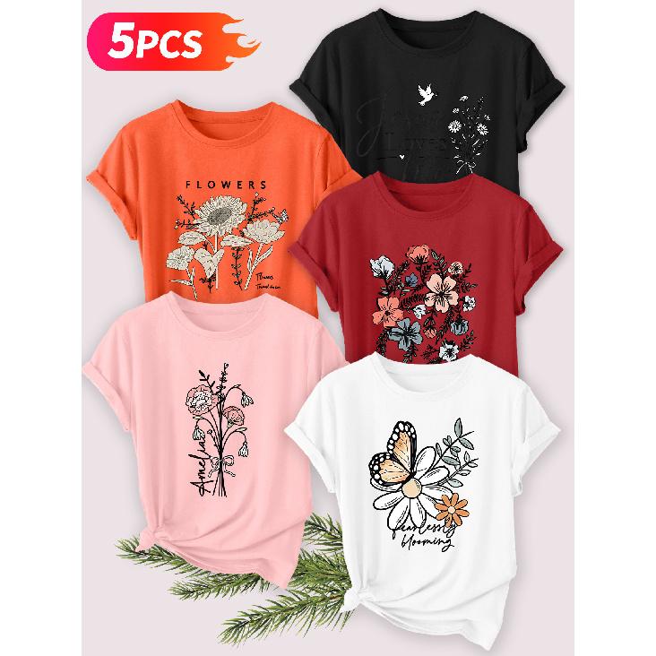 Five-piece set Elegant short-sleeved shirt for women Beach sunset print round-neck women's short-sleeve shirt suitable for spring and summer