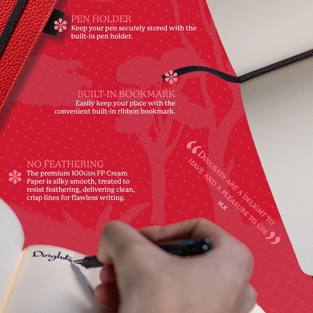 Wildlife Grid Medium Red Hardcover Notebook PU Leather Cream 100gsm Paper Dingbats - Notebook, Kangaroo, A5+ - - - Perforated, Ink-Resistant