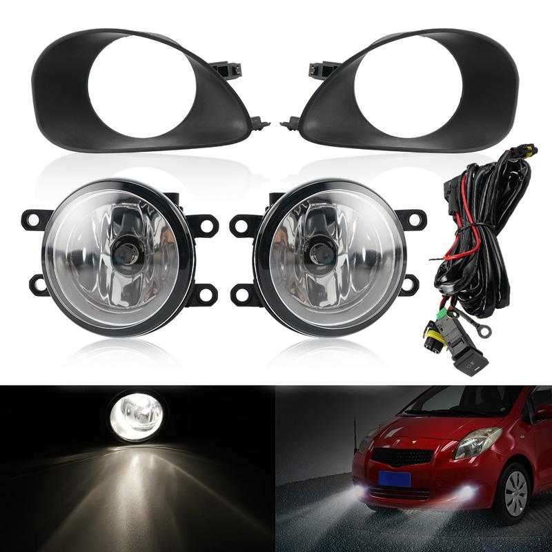 BEVINSEE Front Bumper Clear Fog Lights Lamps w/ Switch & Cables & Lamp Frame for Toyota Yaris Hatchback 2006-2008
