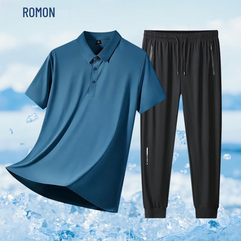 ROMON Men's Ice Silk Polo Shirt & Casual Pants Set