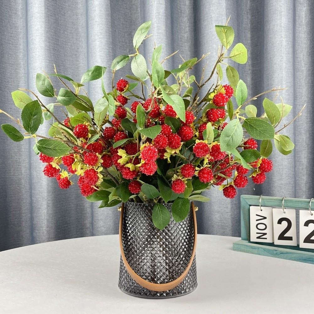 Green Leaves Artificial Raspberry Branch Luxury Faux Red Raspberry Mulberry Fruit Plants Plastic Realistic Fake Plants