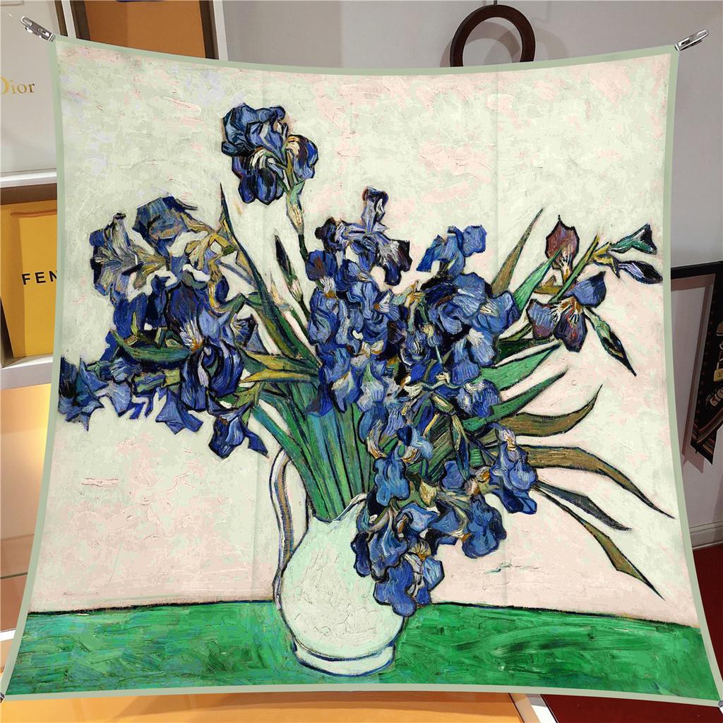 90cm Sternenhimmel Imitation Köper Modischer Seidenschal Quadratisch Damen Hijab Bandana Foulard Kopftuch Van Gogh Ölgemälde Halstuch