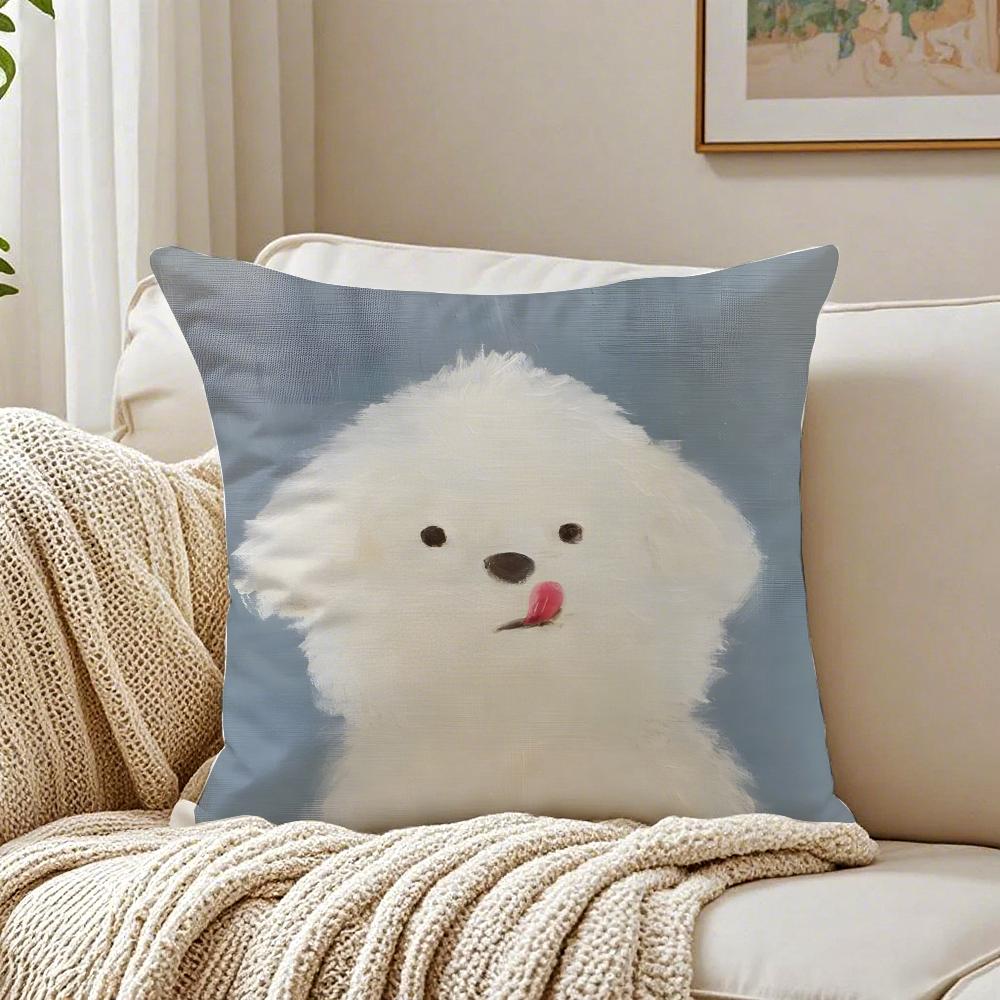 BBichon Frise Cushion Cover Linen Pillowcase Soft for Sofa Bed Home Room Decor