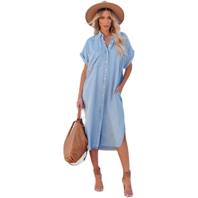 European Loose Split Denim Short Sleeve Dress