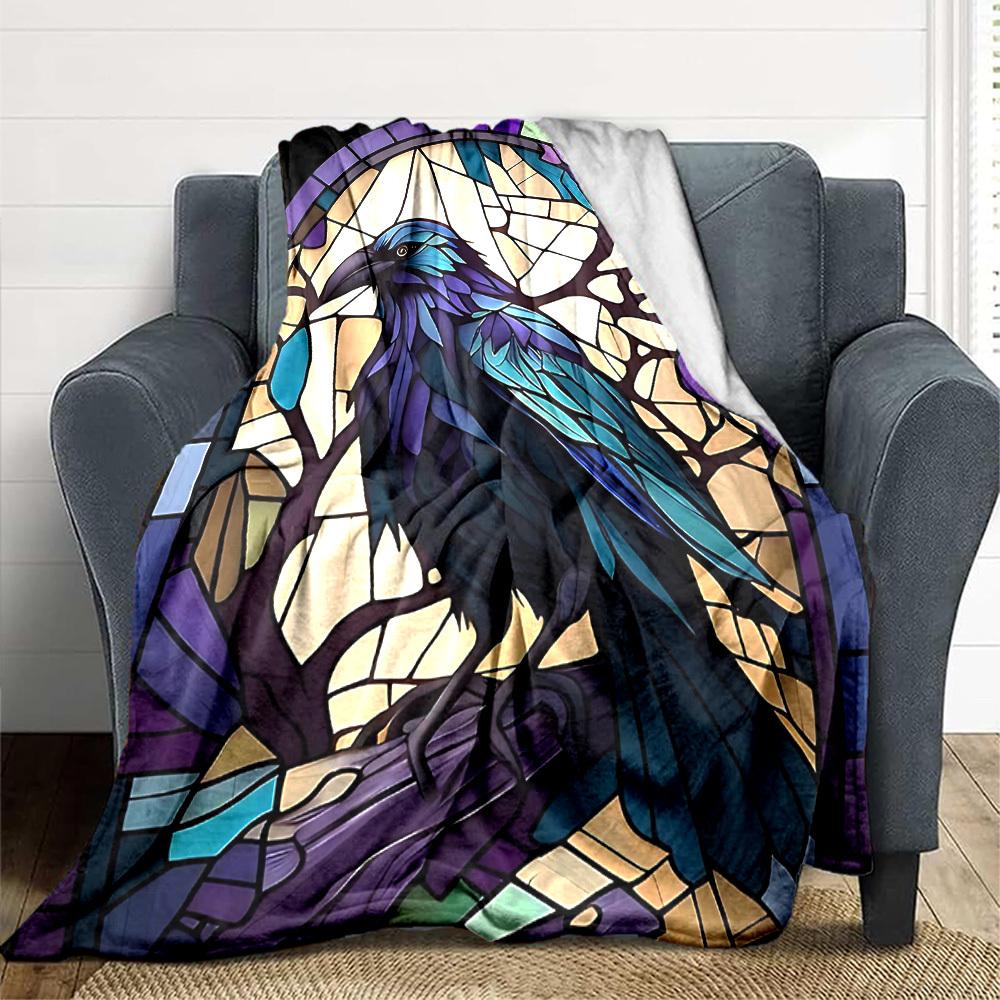 1pc Stained Glass Raven Print Blanket Lightweight Flannel Throw Blanket For Sofa, Bed, Living Room, Office, Outdoor Travel, Camping