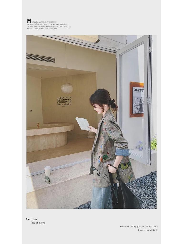 Jachetă de damă primăvara 2025 gri cu imprimeu graffiti în carouri: Street-Rock Croială Largă, Design Nou