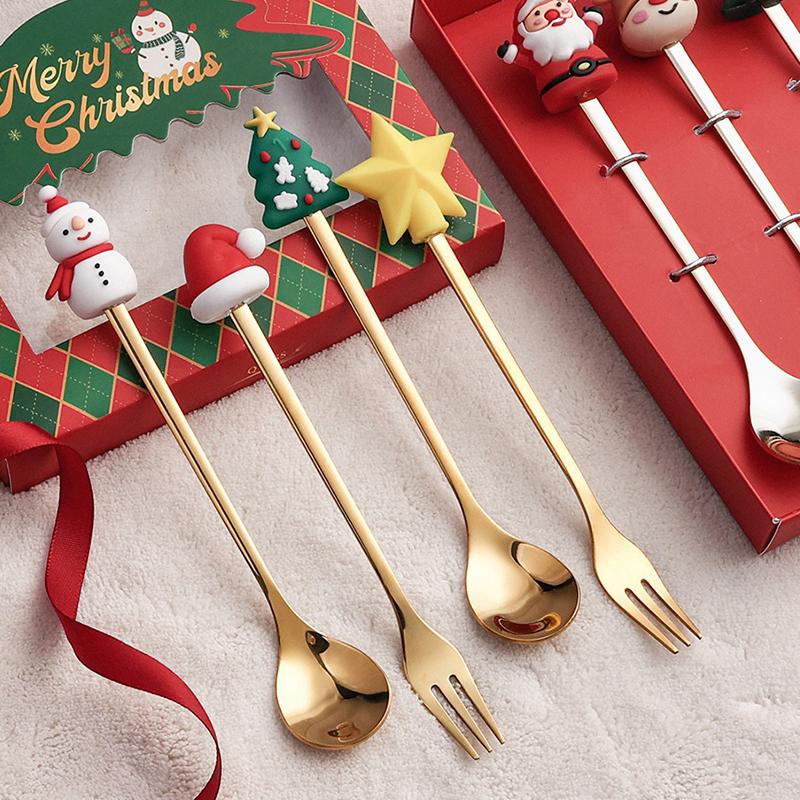 2/4Pcs Stainless Steel Xmas Spoon Fork Cutlery Set Cute Cartoon Handles for Holiday Party Table Decor