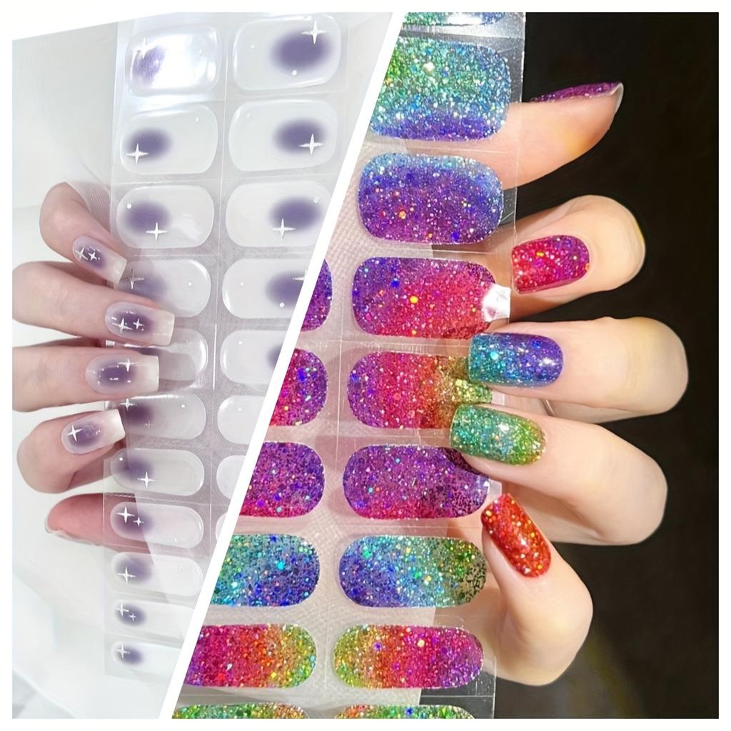 Regenbogen-Glitzer-Nagelfolien aus halbgehärtetem Gel, Nagelstreifen aus halbgehärtetem Gel – funktioniert mit jedem Nagel