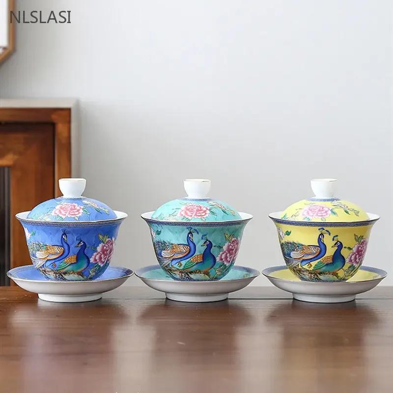 180ml Jingdezhen Ceramic Gaiwan Enamel Color with Cover Tea Cup Sancai Tea Bowl Chinese Porcelain Tea Set Household Tea Infuser