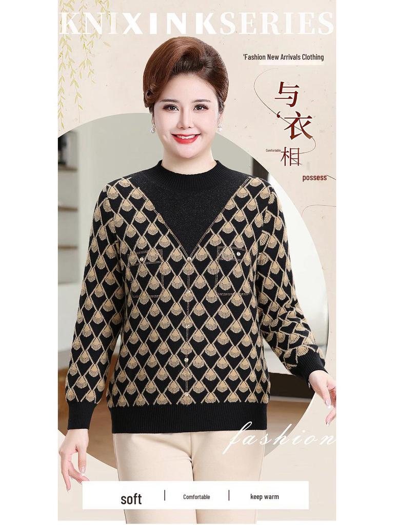 Plus Size Warm Knit Pullover for Women - Autumn/Winter Round Neck Sweater for Middle-aged & Elderly