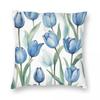 Watercolor Blue Tulip Square Pillowcase Polyester Linen Velvet Creative Zip Decorative Room Cushion Cover