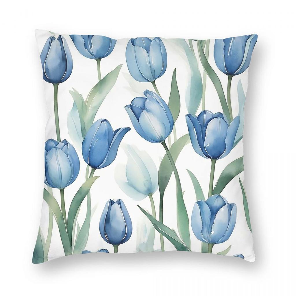 Watercolor Blue Tulip Square Pillowcase Polyester Linen Velvet Creative Zip Decorative Room Cushion Cover