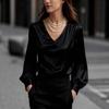 Nuova Elegante Camicia da Donna in Raso con Maniche a Bolle e Scollo a V Stile Francese