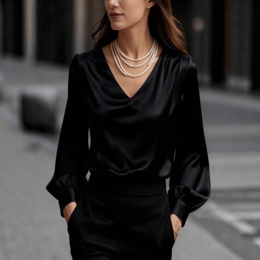 Nuova Elegante Camicia da Donna in Raso con Maniche a Bolle e Scollo a V Stile Francese