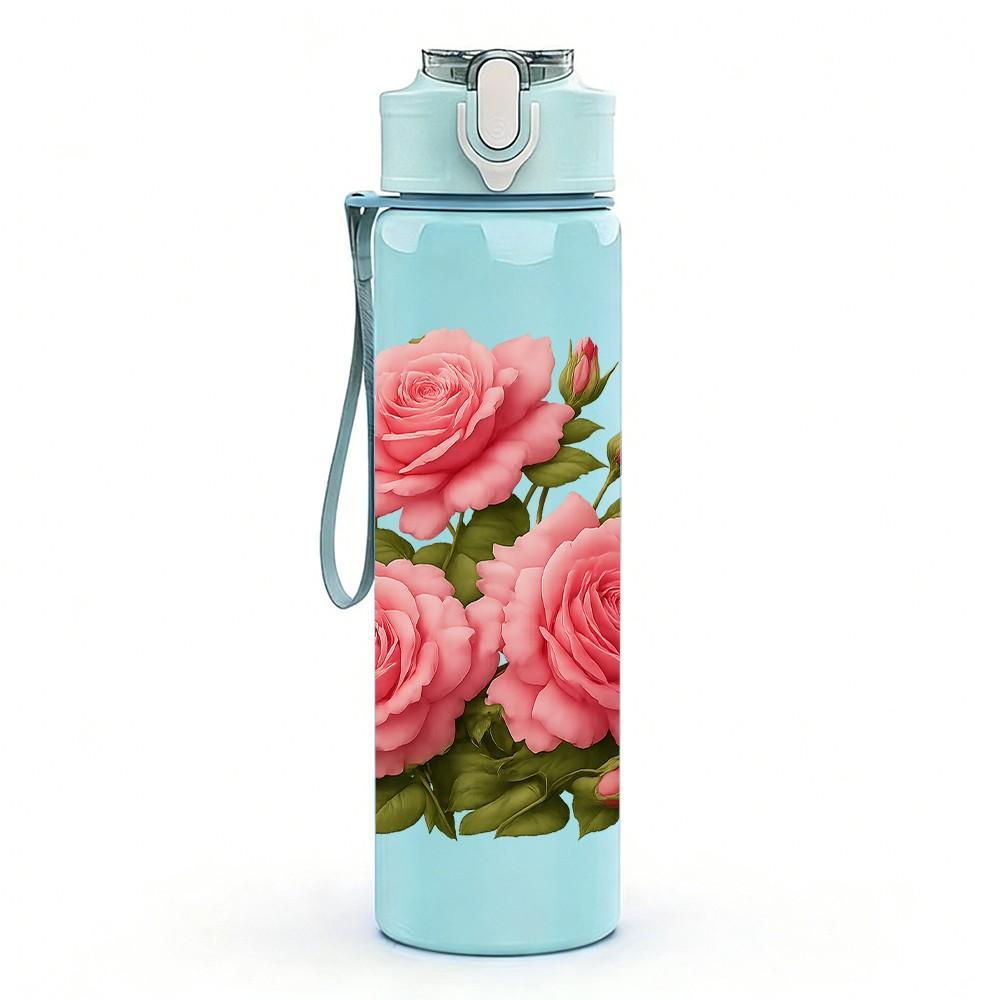 1PC Pink Rose Bouquet Floral Print 750ml Color Plastic Sports Water Bottle Leakproof Flip Straw Lid Suitable for Sports Office Home Use