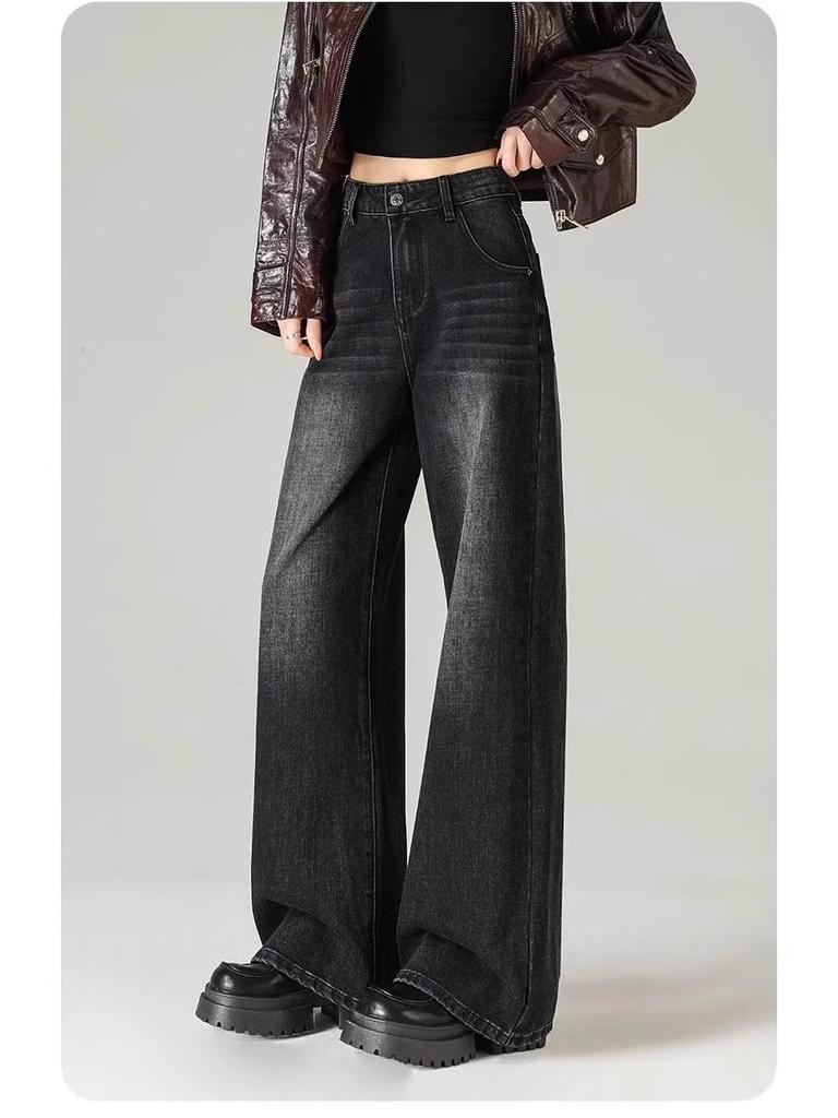 2026 Women's Spring Wide-Leg Black High-Waisted Jeans - Pear Shape Slimming Straight-Leg Pants