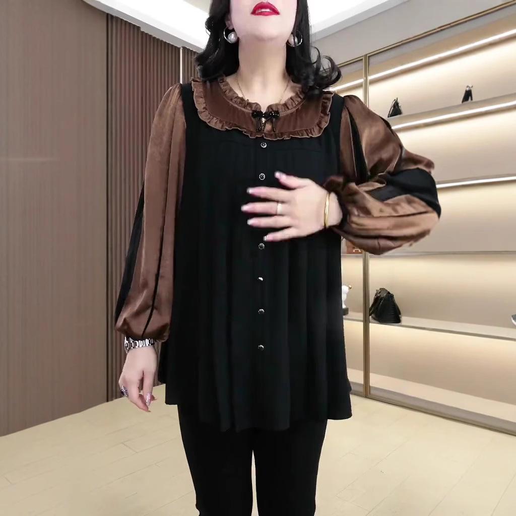 Spring Luxury Silk-Blend Frog Button Long Sleeve Plus Size Blouse for Mid-Aged Women