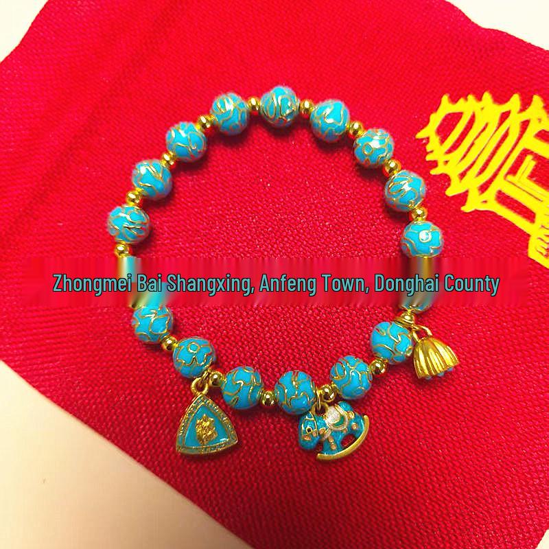 Scenic Cloisonné Blue Drip Oil Bead Bracelet - Lotus Pod Design: Prosperity and Wealth