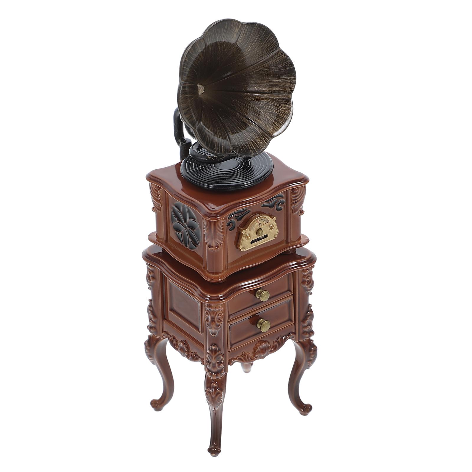 

Mini Retro Phonograph Vintage Decor Record Player Miniature Dollhouse Accessories 1 Set Sound Function Mini 6.00X3.00X2.70CM коричневий