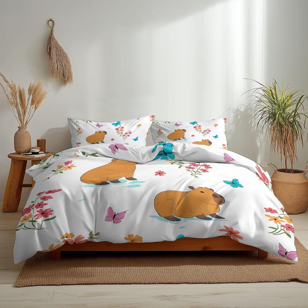 Animal Capybara Flowe Kids Duvet Cover Teens Quilt Cover Set, Bedding Set Comforter Covers For Bedroom Decor Gifts Children