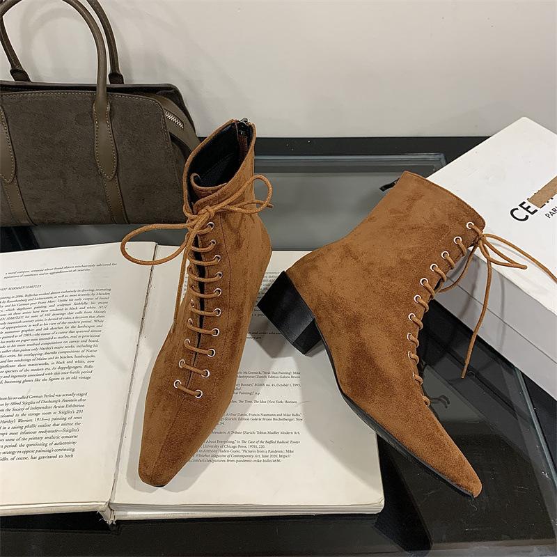 

Miting thick heel square head short boots women s lace-up thin boots retro versatile middle heel rear zipper fashion boots autumn and winter 2025 39 коричневый