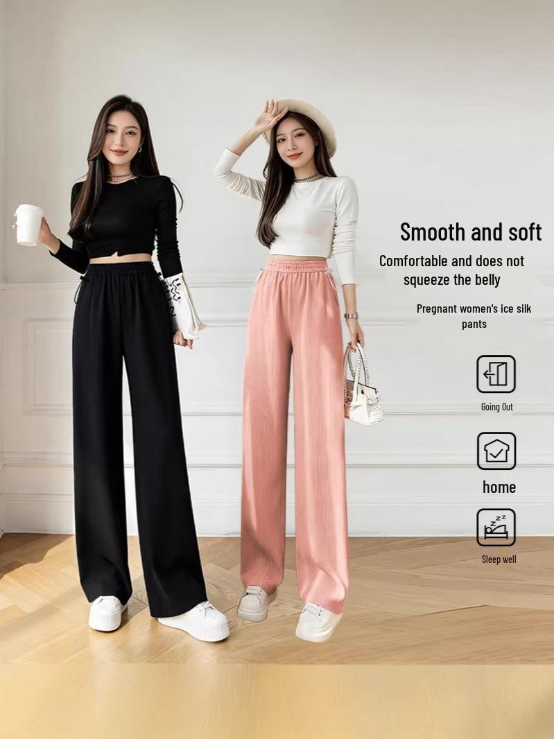 

Women s Plus Size Ice Silk Maternity Pants – Wide-Leg, Loose Fit with Belly Support, Perfect for Summer. XL (130-150) рожевий