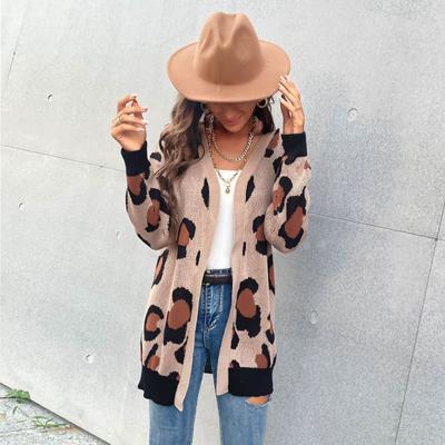 Casual Trend Versatile Autumn Women's Long Leopard Print Cardigan Knitted Sweater Jacket Women