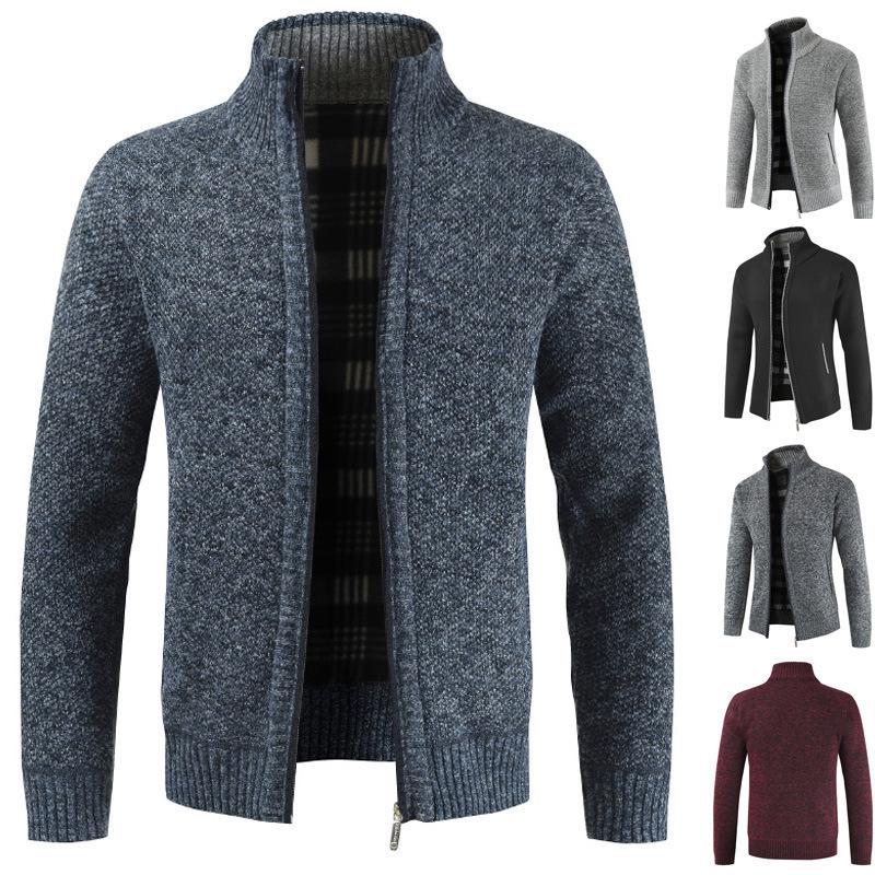 Chunky Knit Fleece-Lined Zipper Cardigan: Stand Collar Winter Sweater