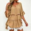 Women's V Neck Button Front Beach Cover Up Dress, Flared Three Quarter Sleeve Hollow Cutwork Loose Plus Size Tunic Shirt Dress