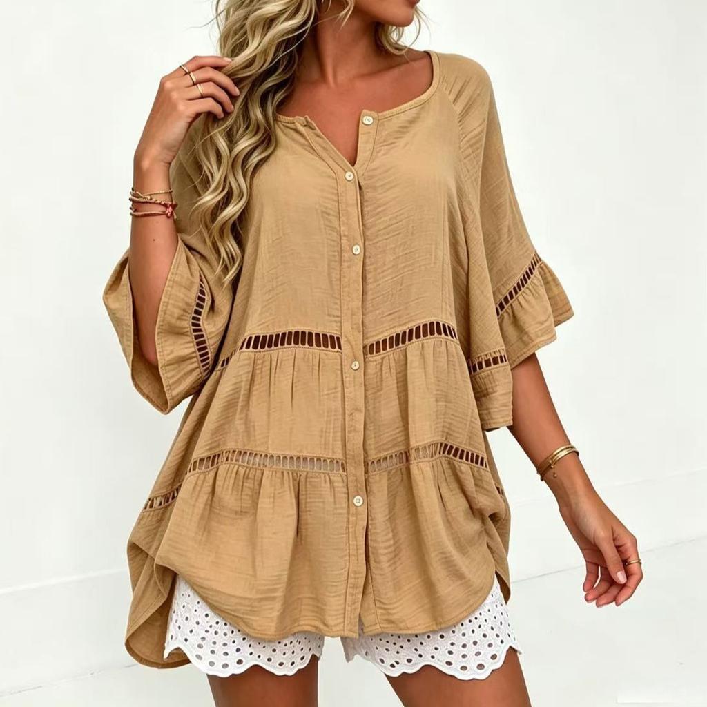 Women's V Neck Button Front Beach Cover Up Dress, Flared Three Quarter Sleeve Hollow Cutwork Loose Plus Size Tunic Shirt Dress
