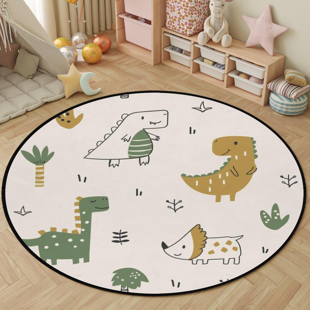 Cartoon Dinosaur Round Carpet Cute Dino Circle Rug for Living Room Playroom Office Laundry Decor Non-slip Comfort Play Yoga Mat
