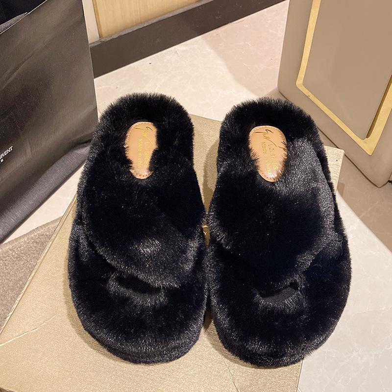 Fairy Wind Thick-soled Fluffy Slippers Female 2025 Autumn and Winter New Round Head High Heel One-letter Women's Cotton Slippers