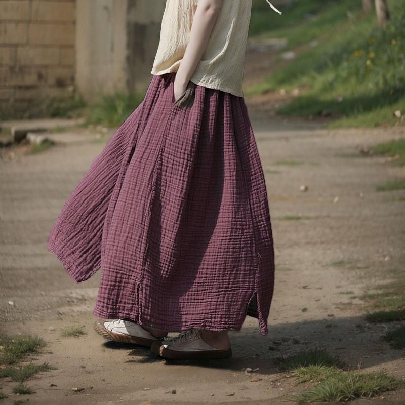 Johnature Women Vintage Skirts Summer Elastic Waist Solid Color Soft A-Line Female Loose Skirts