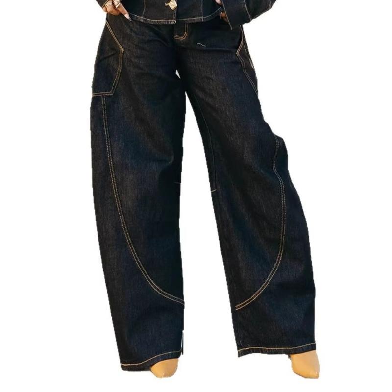 VIONA European And American Style Loose Contrasting Color Split Open Line Curved Knife Jeans For Women Spring New S